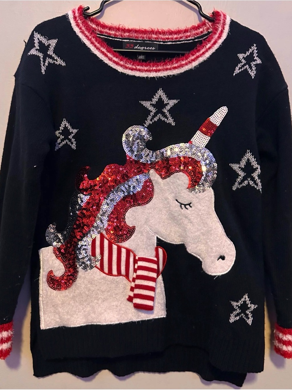32 Degrees Black Unicorn Sequin Sweater with Red & White Accents